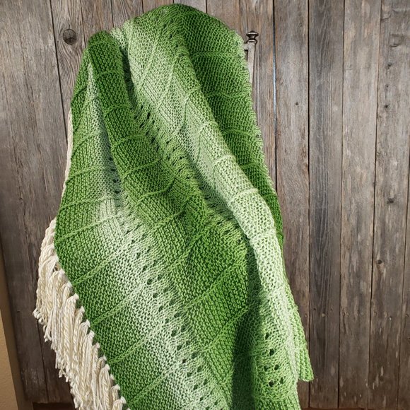 NEW Green Ombre Handmade Knitted Afghan Throw Knit Handmade Artisan Decor Gift - Picture 6 of 12